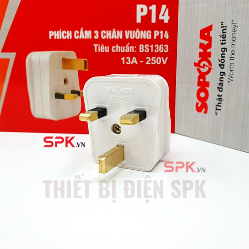 Phích Cắm 3 Chân Vuông Tiêu Chuẩn Anh BS1363 P14 SOPOKA Chịu Tải 3000W Cho Thiết Bị Công Suất Lớn