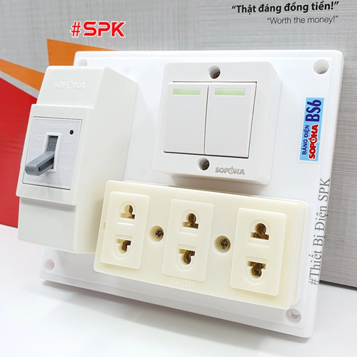 Bảng điện 2 công tắc 3 lỗ cắm CB cóc 30A BS6 SOPOKA