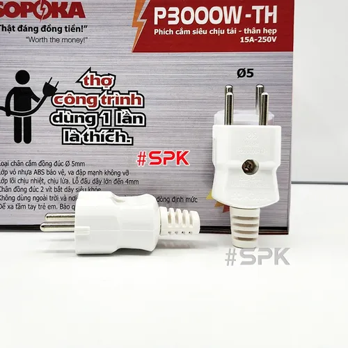 SOPOKA Phích Cắm Siêu Chịu Tải Thân Hẹp P3000W-TH Công Suất Đến 3000W Ø5 – 15A 250V