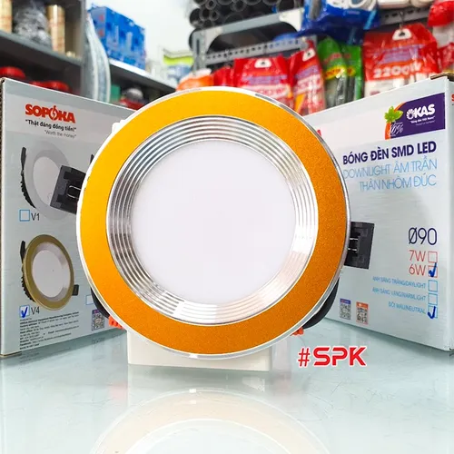 Bóng Đèn Âm Trần 3 Chế Độ Màu 6W Downlight Nhôm Đúc Viền Vàng V4 SOPOKA