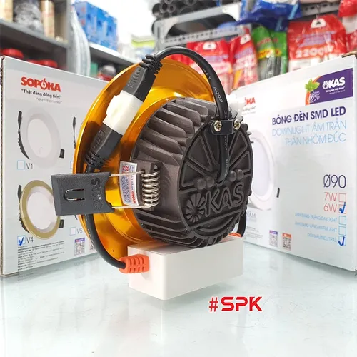 Bóng Đèn Âm Trần 3 Chế Độ Màu 6W Downlight Nhôm Đúc Viền Vàng V4 SOPOKA