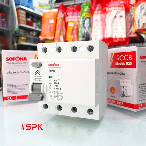 Aptomat Chống Giật 3 Pha 4 Cực 63A, RCCB 4P Chống Giật 63A 4P 30mA SOPOKA 