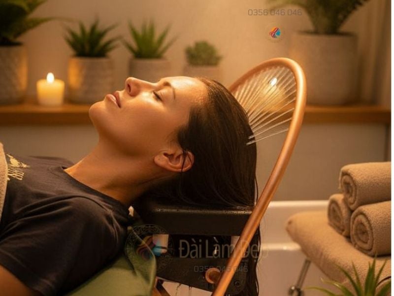 Khách hàng đang nhắm mắt thư giãn tận hưởng dịch vụ tại tiệm gội đầu dưỡng sinh uy tín ĐÀI LÀM ĐẸP Khách hàng đang nhắm mắt thư giãn tận hưởng dịch vụ tại tiệm gội đầu dưỡng sinh uy tín ĐÀI LÀM ĐẸP