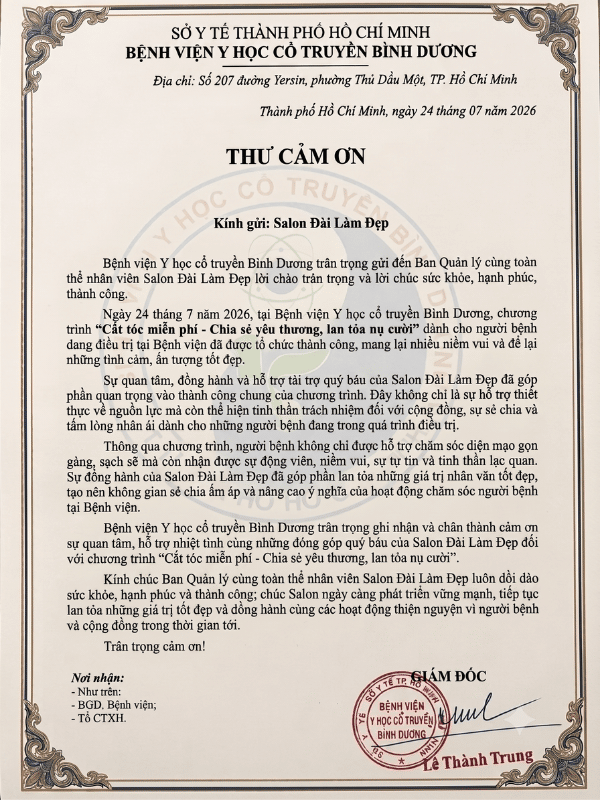 Thư Cảm Ơn mang mộc đỏ từ Bác sĩ Lê Thành Trung – minh chứng cho sự ghi nhận đối với nghĩa cử cao đẹp của Salon Đài Làm Đẹp Thư Cảm Ơn mang mộc đỏ từ Bác sĩ Lê Thành Trung – minh chứng cho sự ghi nhận đối với nghĩa cử cao đẹp của Salon Đài Làm Đẹp