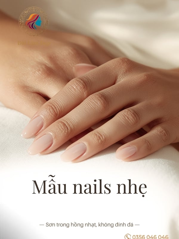 Mẫu nails nhẹ sơn trong hồng nhạt không đính đá thanh lịch