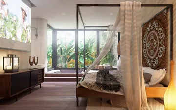Phong cách nhiệt đới một thiết kế nội thất phòng ngủ.