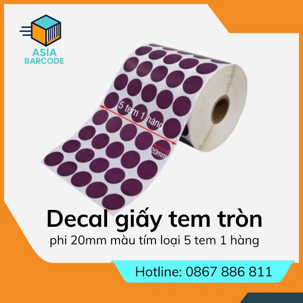 Decal giấy tem tròn phi 20mm màu tím loại 5 tem 1 hàng