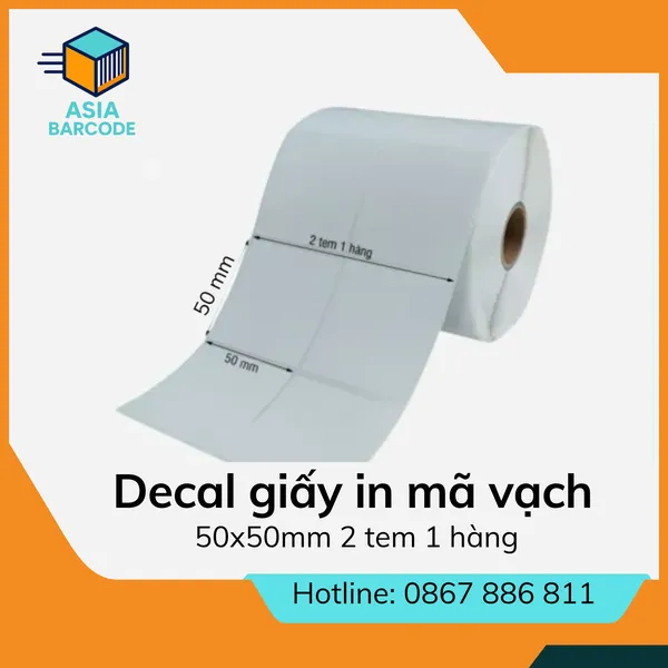 Decal giấy in mã vạch 50x50mm loại 2 tem 1 hàng