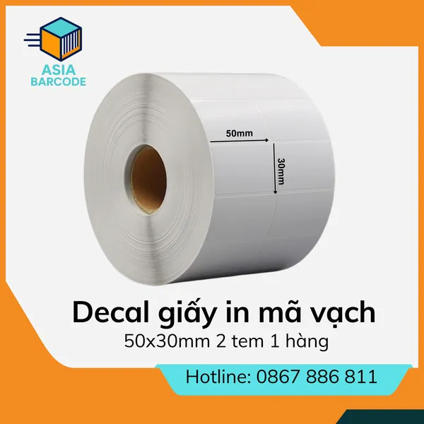 Decal giấy in mã vạch 50x30mm loại 2 tem 1 hàng