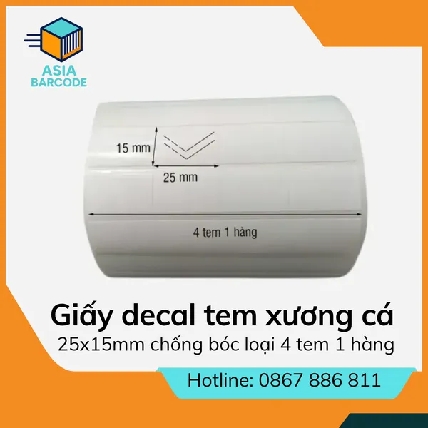 Giấy decal tem xương cá 25x15mm chống bóc loại 4 tem 1 hàng