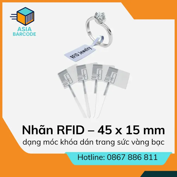 Nhãn RFID dạng móc khóa dán trang sức vàng bạc – 45 x 15 mm