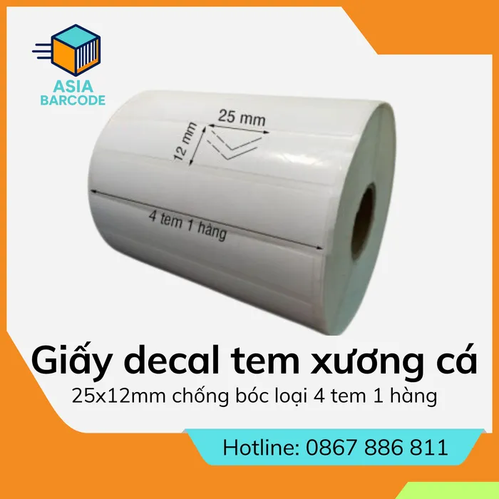 Giấy decal tem xương cá 25x12mm chống bóc loại 4 tem 1 hàng