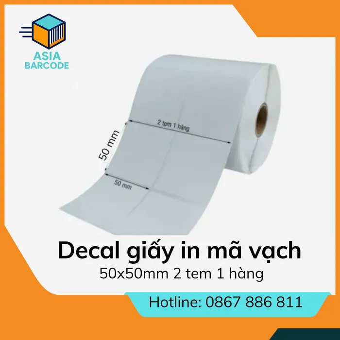 Decal giấy in mã vạch 50x50mm loại 2 tem 1 hàng