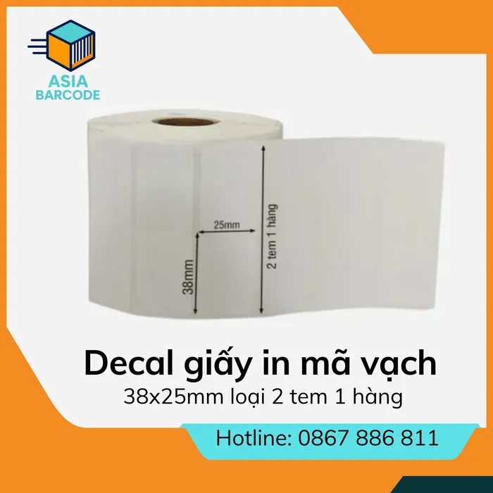 Decal giấy in mã vạch 38x25mm loại 2 tem 1 hàng