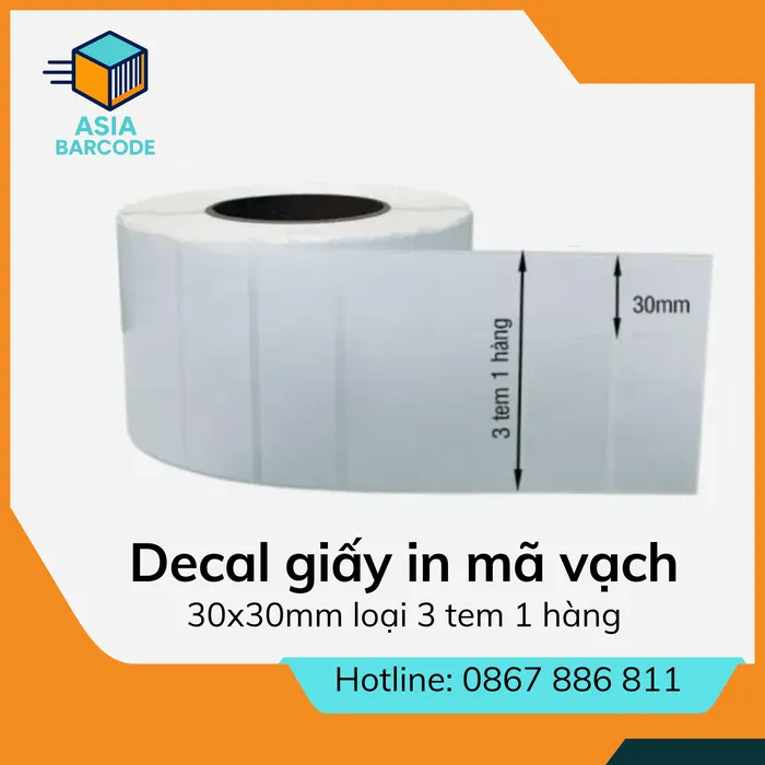 Decal giấy in mã vạch 30x30mm loại 3 tem 1 hàng