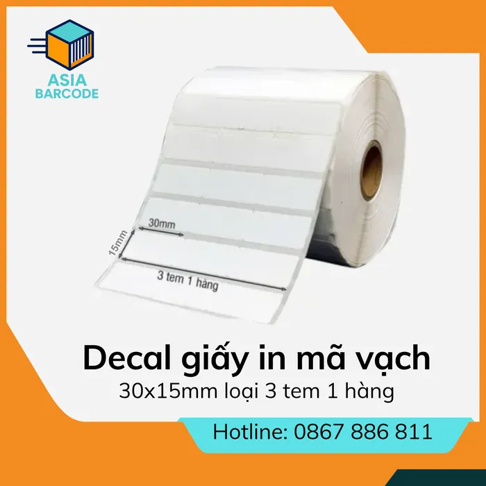 Decal giấy in mã vạch 30x15mm loại 3 tem 1 hàng