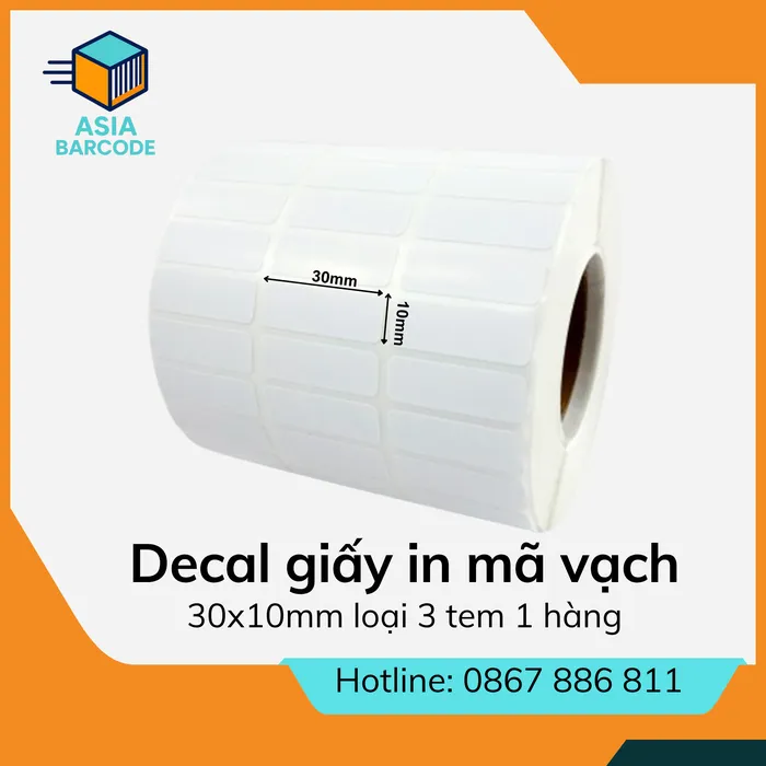 Decal giấy in mã vạch 30x10mm loại 3 tem 1 hàng