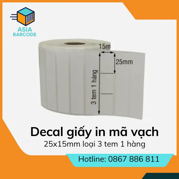 Decal giấy in mã vạch 25x15mm loại 3 tem 1 hàng