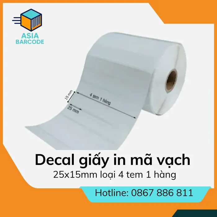 Decal giấy in mã vạch 25x15mm loại 4 tem 1 hàng