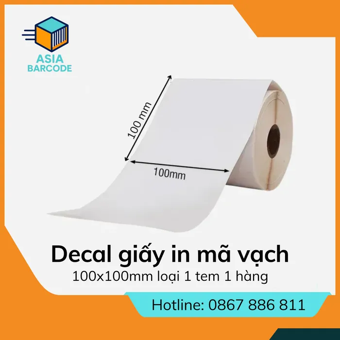 Decal giấy in mã vạch 100x100mm loại 1 tem 1 hàng