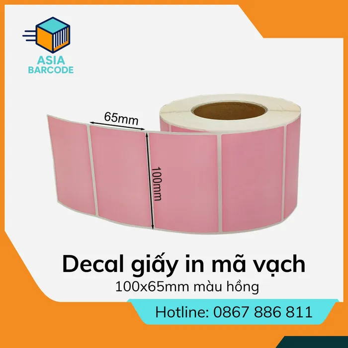 Decal giấy in mã vạch 100x65mm màu hồng