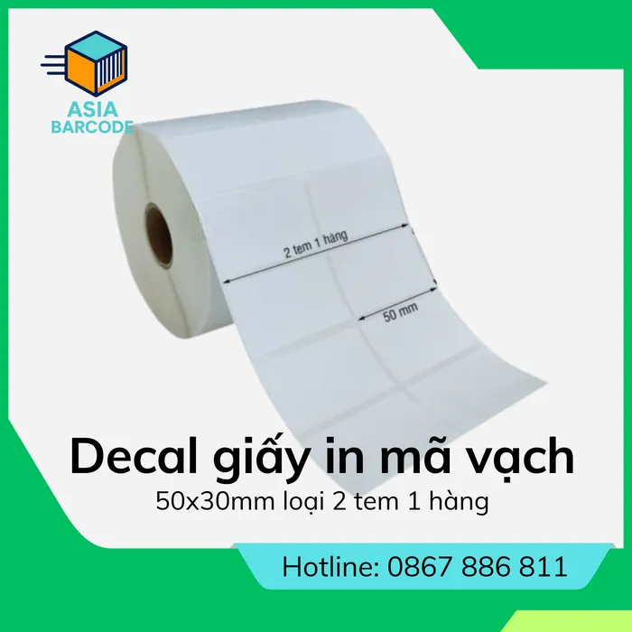 Decal giấy in mã vạch 50x30mm loại 2 tem 1 hàng
