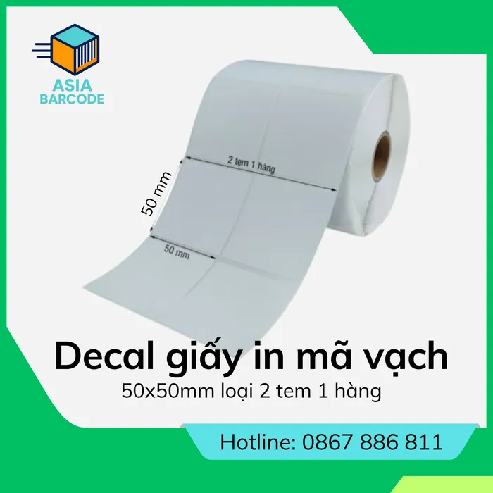 Decal giấy in mã vạch 50x50mm loại 2 tem 1 hàng
