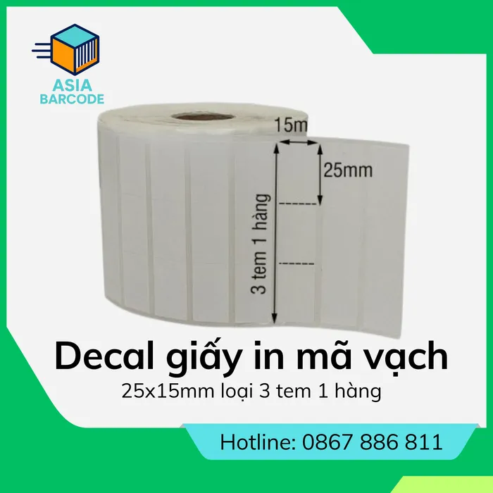 Decal giấy in mã vạch 25x15mm loại 3 tem 1 hàng