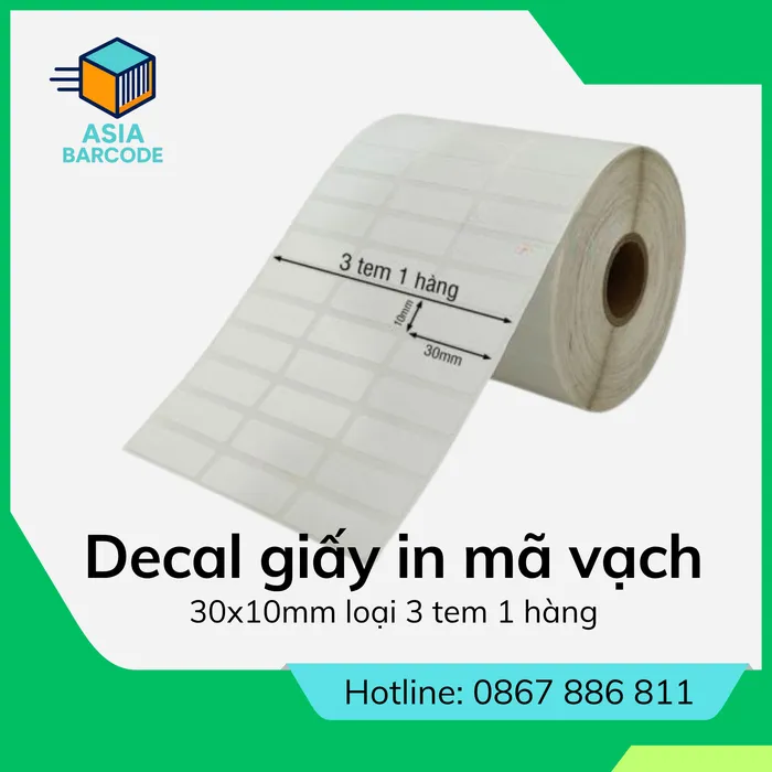 Decal giấy in mã vạch 30x10mm loại 3 tem 1 hàng