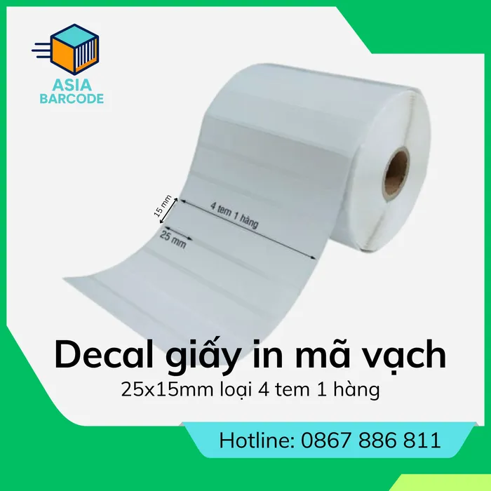 Decal giấy in mã vạch 25x15mm loại 4 tem 1 hàng