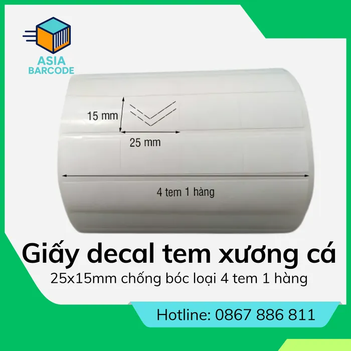 Giấy decal tem xương cá 25x15mm chống bóc loại 4 tem 1 hàng