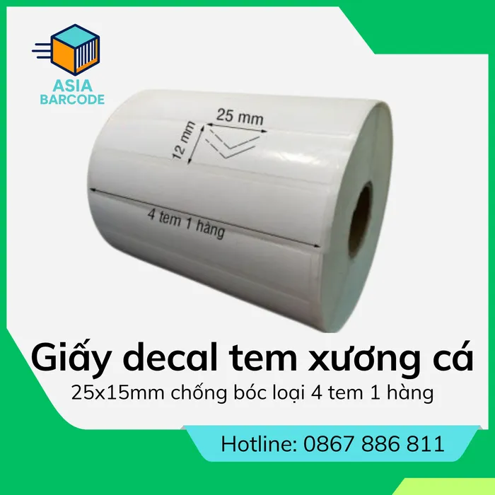 Giấy decal tem xương cá 25x12mm chống bóc loại 4 tem 1 hàng