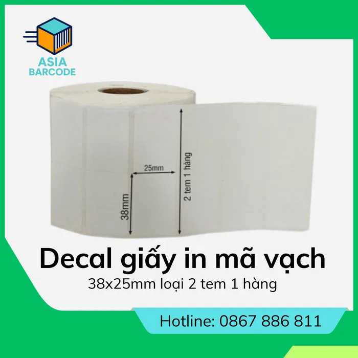 Decal giấy in mã vạch 38x25mm loại 2 tem 1 hàng