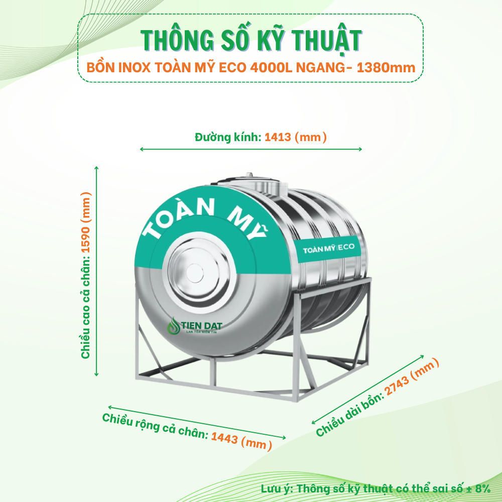 Bồn inox Toàn Mỹ Eco nằm Bồn inox Toàn Mỹ Eco nằm