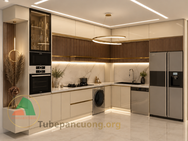 tủ bếp acrylic màu kem