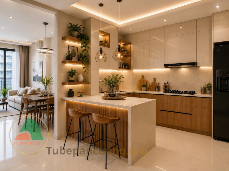 Tủ bếp Acrylic An Cường màu be, kem