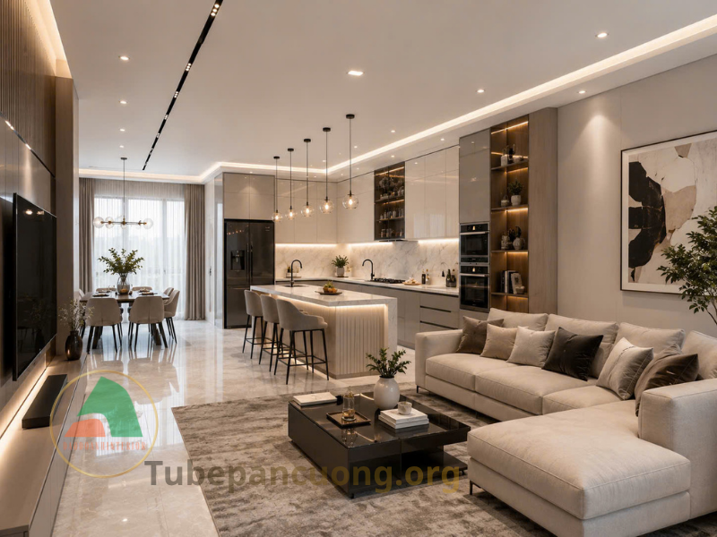 Tủ bếp Acrylic kết hợp bàn đảo