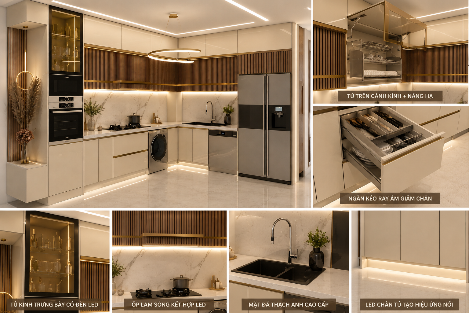 tủ bếp acrylic màu kem