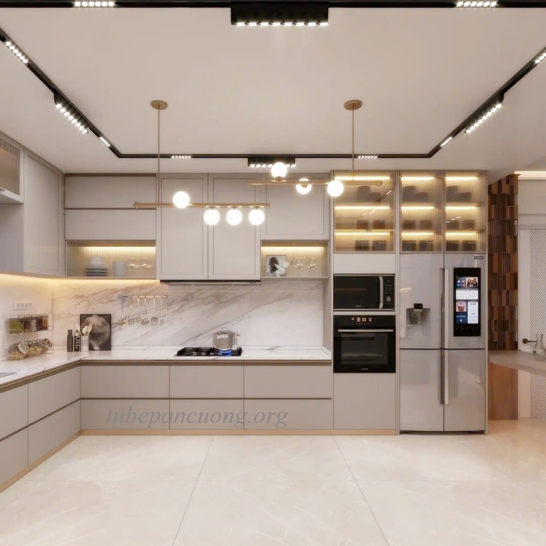 Tủ bếp gỗ nhựa phủ arcylic chữ L hiện đại Tủ bếp gỗ nhựa phủ arcylic chữ L hiện đại