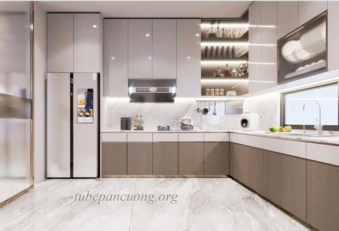 Tủ bếp gỗ nhựa phủ arcylic chữ L màu trắng sữa sang trọng Tủ bếp gỗ nhựa phủ arcylic chữ L màu trắng sữa sang trọng