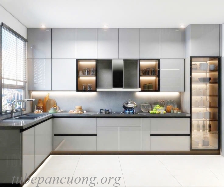 Tủ bếp gỗ nhựa phủ arcylic chữ L hiện đại Tủ bếp gỗ nhựa phủ arcylic chữ L hiện đại