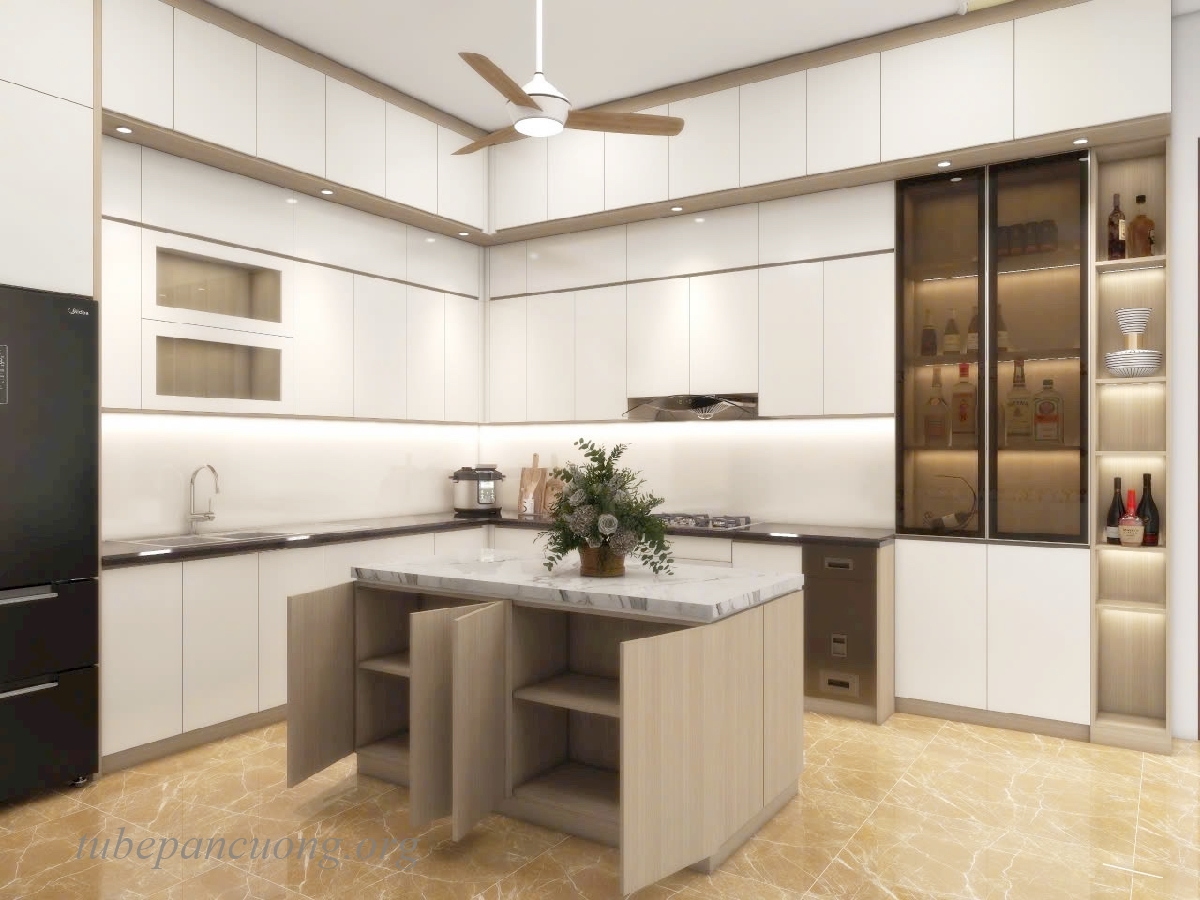 Tủ bếp gỗ nhựa sang trọng màu trắng vân gỗ PM77 Tủ bếp gỗ nhựa sang trọng màu trắng vân gỗ PM77