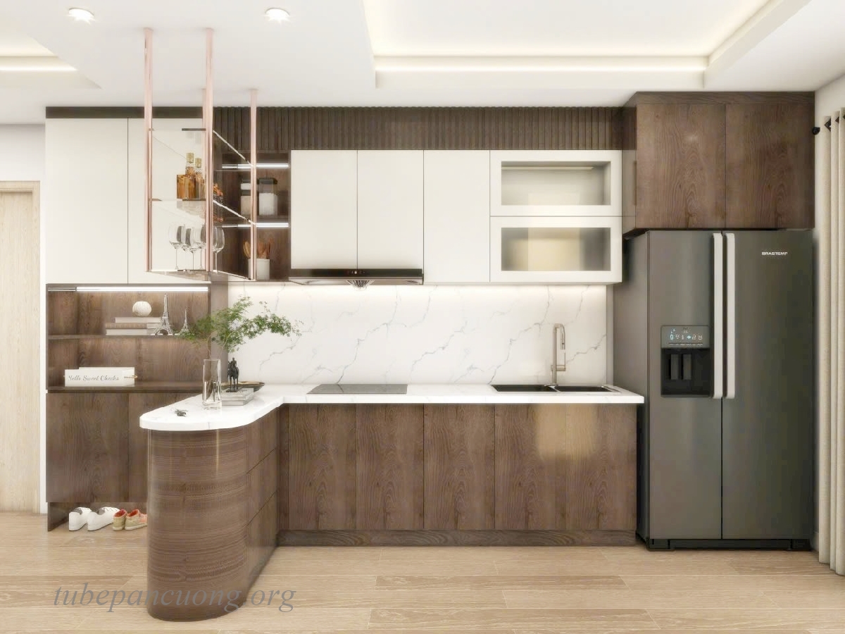 Tủ bếp gỗ nhựa sang trọng màu trắng vân gỗ PM77 Tủ bếp gỗ nhựa sang trọng màu trắng vân gỗ PM77