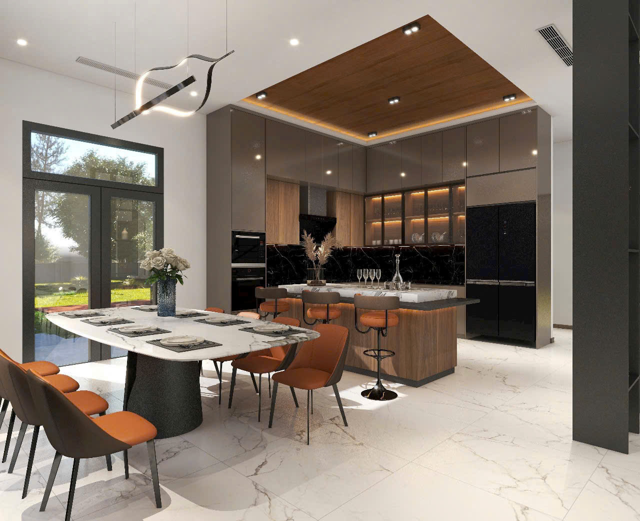 Tủ bếp gỗ nhựa acrylic màu cafe sữa phối vân gỗ nâu Tủ bếp gỗ nhựa acrylic màu cafe sữa phối vân gỗ nâu