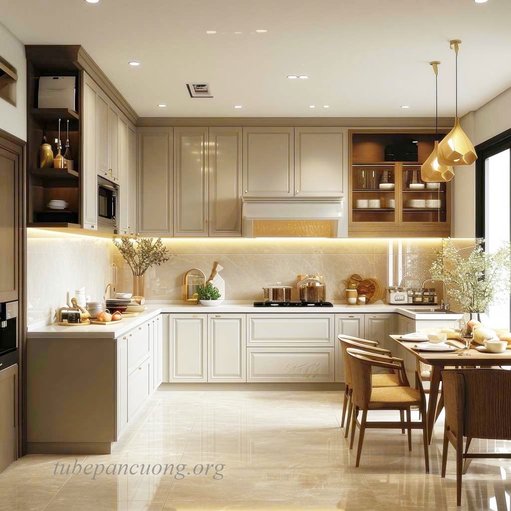 Tủ bếp gỗ nhựa tân cổ điển màu kem PM78 Tủ bếp gỗ nhựa tân cổ điển màu kem PM78