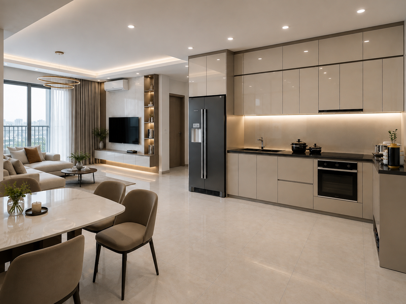 Tủ Bếp MDF Sơn PU Màu Kem Sang Trọng
