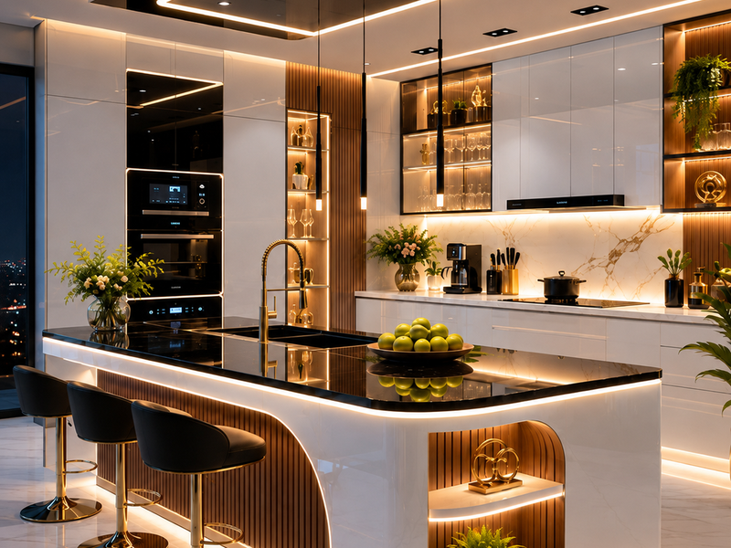 Tủ bếp Acrylic tráng gương 