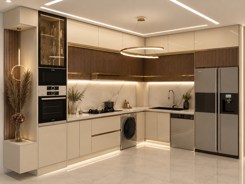 Tủ bếp Acrylic màu kem 