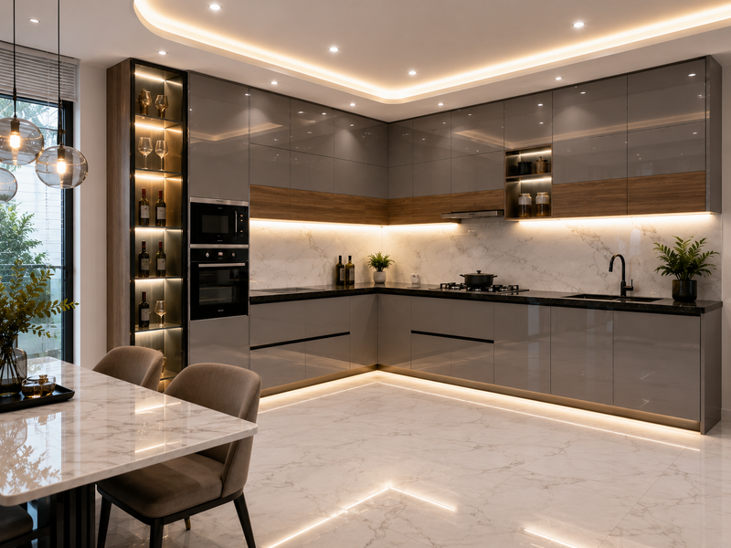 Tủ bếp acrylic xám