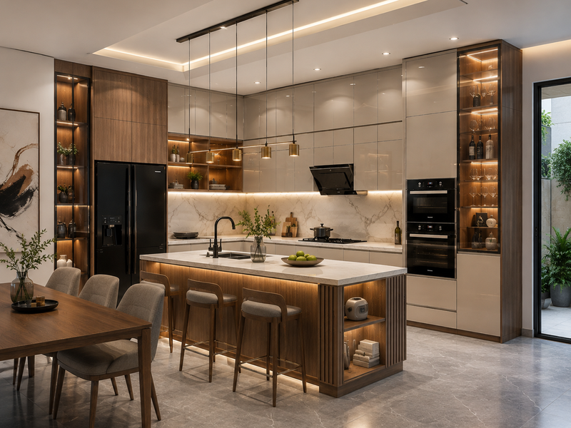 Tủ bếp gỗ An Cường phủ Acrylic có quầy bar